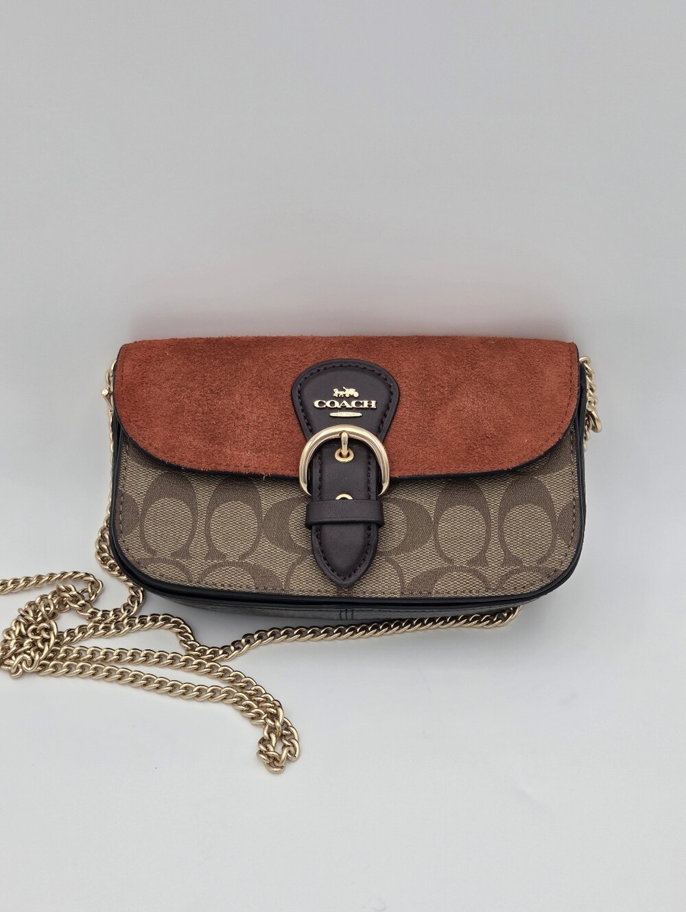 Coach Cleo Brown Signature Canvas Crossbody with Rust Suede Flap